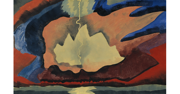 An abstract landscape painting of a lighting bolt with jagged blocks of color echoing across the sky.
