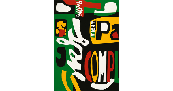 An abstract painting of words and shapes in bright yellow, red, green, white, and black.