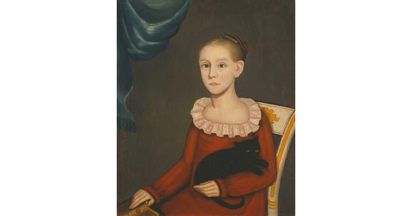 An oil painting of a young girl cradling a black cat and holding an open book on her lap.