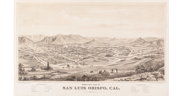 A sepia-toned print of a town as viewed from a high hill showing a grid of streets, buildings, homes, and high mountains in the distance.