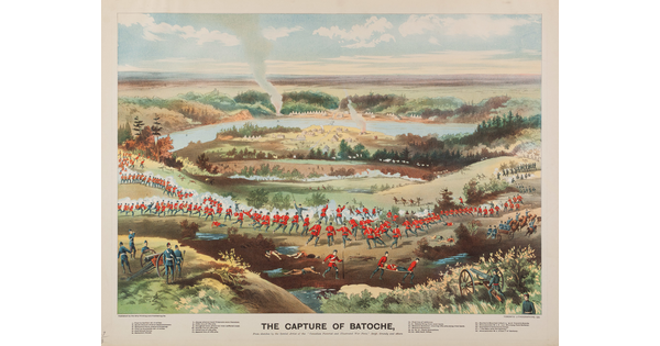A color print of fighting soldiers in red uniforms surrounding a lake with an Indigenous village in the distance.