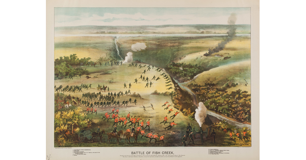 A color print of a battle scene showing soldiers in red and green uniforms shooting at hidden targets on the other side of a creek.