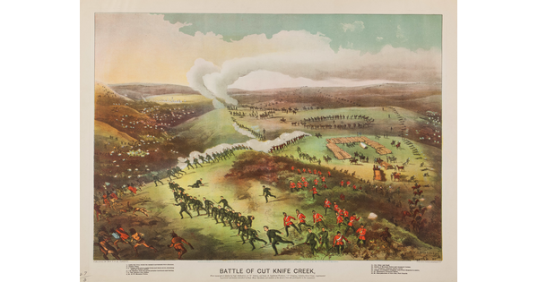 A color print of a battleground with Indigenous people fleeing from soldiers in red or green uniforms.