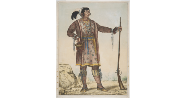 A watercolor portrait of an Indigenous person wearing traditional clothing holding a rifle with the butt placed on the ground.