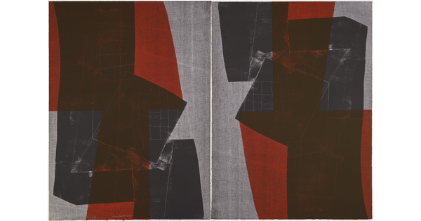 Two side-by-side abstract color prints of layered black and red transparent squares on a gray background.