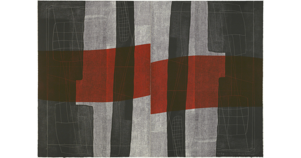 Two side-by-side abstract color prints of layered black and red transparent rectangles on a gray background.