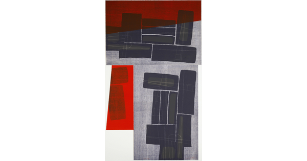 An abstract color print of a variety of rectangular red, black, and gray shapes, some with thin white lines.