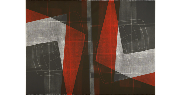 An abstract, geometric print in red, black, and gray.