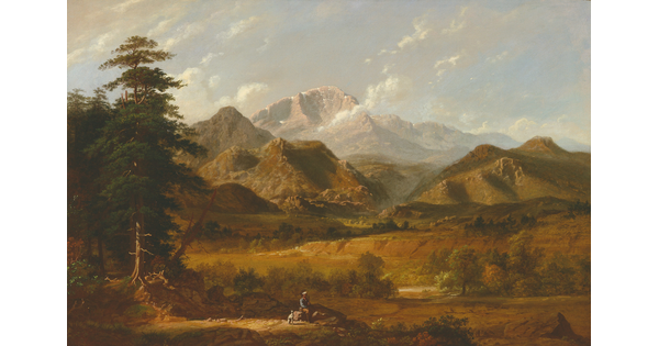 An oil painting of a man and his dog resting on a boulder in a lush green plain surrounded by tall, rocky mountain peaks.