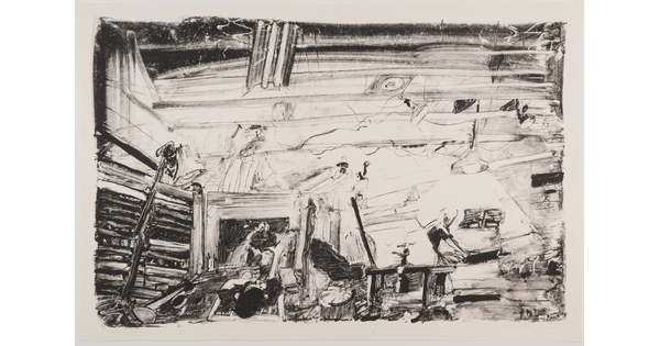 An abstract black-and-white print of artists working in a studio.