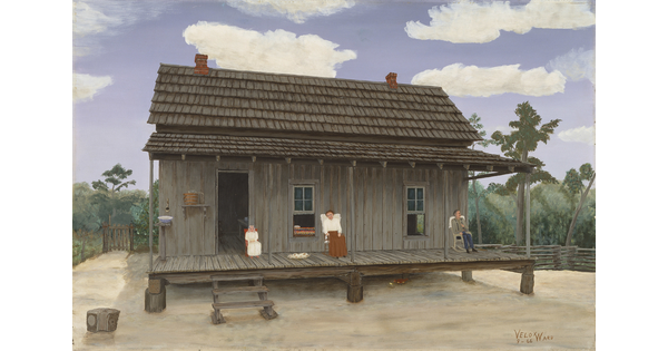 An oil painting of a White man, White woman, and a White child sitting in chairs on the porch of a wood house.