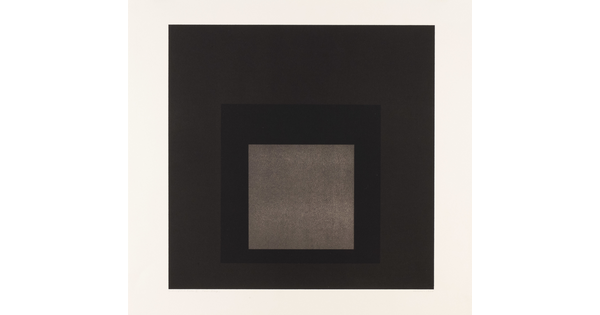 An abstract color print of three squares nested from largest to smallest in brown, dark brown, tan.