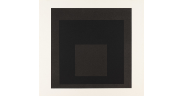 An abstract color print of three squares nested from largest to smallest in brown, dark brown, brown.