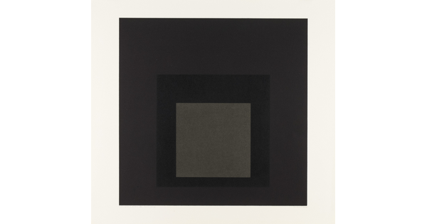 An abstract color print of three squares nested from largest to smallest in brown, dark brown, light brown.