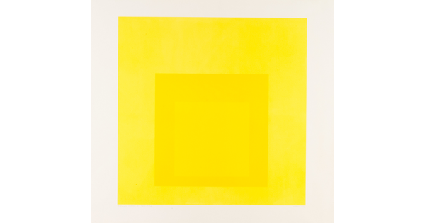 An abstract color print of three squares nested from largest to smallest in bright yellow, gold-yellow, yellow.