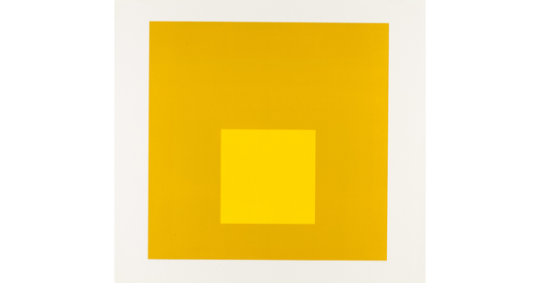 An abstract color print of two squares nested from largest to smallest in gold, yellow.