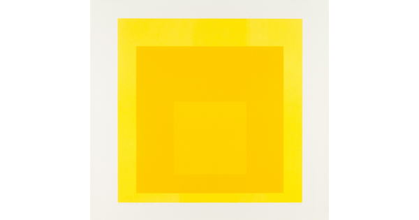 An abstract color print of three squares nested from largest to smallest in yellow, gold, gold-yellow.