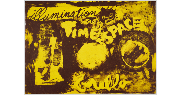 An abstract color print of various organic shapes in yellow and brown and the words, "Illumination of Time and Space" and "Grillo."