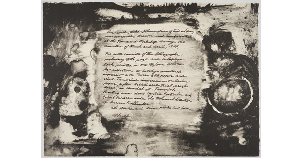 An abstract black-and-white print with various organic shapes surrounding text written in cursive.