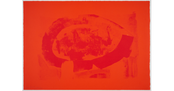 An abstract color print of a red oval and other organic marks on an orange background.