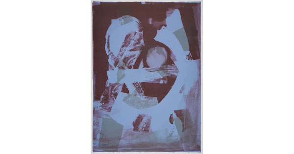 An abstract color print of purple and green marks and shapes on a light blue background.