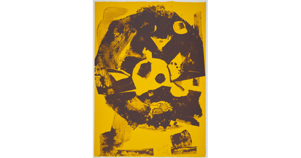 An abstract color print of brown marks and shapes that form a circular shape on a yellow background.