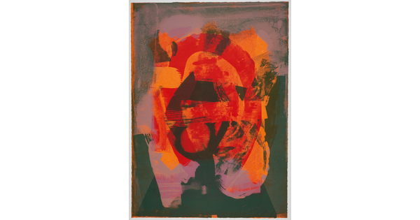 An abstract color print of organic shapes and lines that are orange, red, black, and pink.
