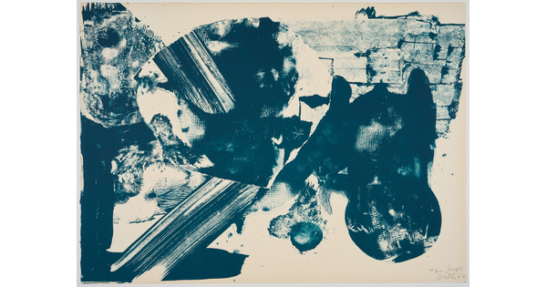 An abstract color print of blue lines, strokes, and organic shapes on a white background.