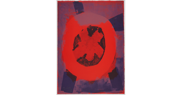An abstract color print of a red circle with an asterisk in the center surrounded by blue and purple lines and smudges on a dark red background.