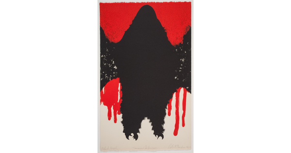 An abstract color print of a monster-like black figure in the center of a dripping red background.