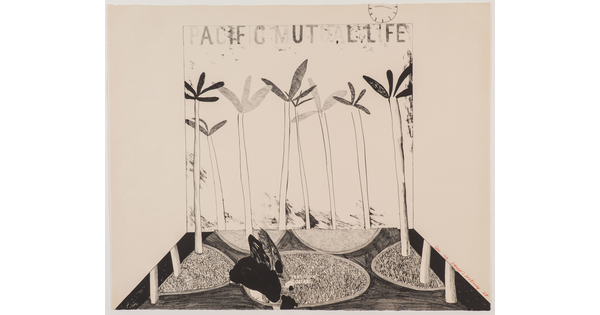 An abstract black-and-white print with lettering at the top that says, "Pacific Mutual Life," above several palm trees.
