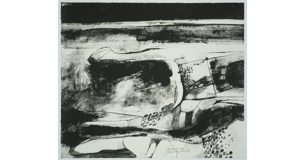 An abstract black-and-white print of organic forms and dots below two dark horizontal bands.