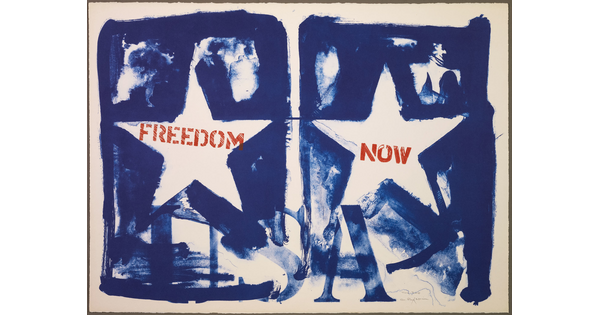 A color print of two blue rectangles, both with a white star and "USA" stenciled at the bottom in blue; at left, the star contains the word "FREEDOM" in red, and at right, the star contains the word "NOW" in red.