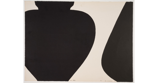 A black-and-white print of two tightly-cropped black silhouettes of bulbous urns.