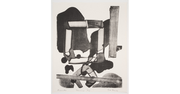 An abstract black-and-white print of a jumble of organic shapes and rectangles.