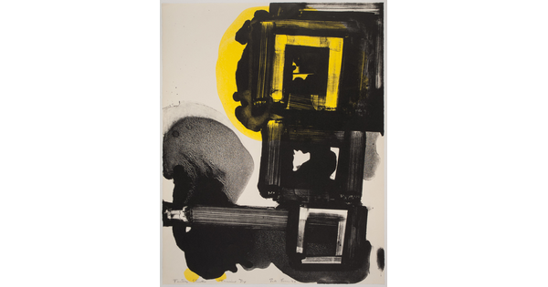An abstract color print of three stacked black squares, a yellow circle behind the top square, and black blobs.
