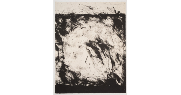 An abstract black-and-white print of a white circle with black shading and lines around and in the circle.