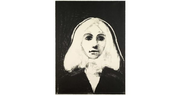 A black-and-white print of a woman from the shoulders up with shoulder-length hair on a black background; her hair and face are white.