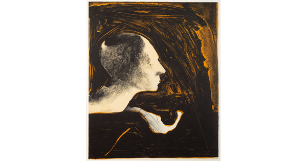 A color print of a white head in profile surrounded by orange and black brush strokes.