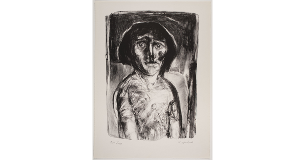 An abstract black-and-white print portrait of a person from the waist up with a bob haircut.