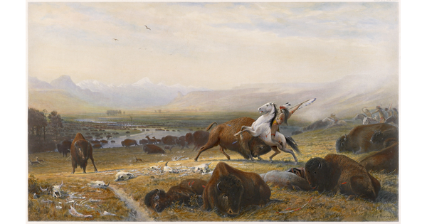 A painting of a Native American on horseback spearing a bison in a field full of bison, some dead or injured.