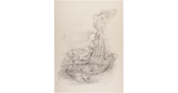 An abstract black-and-white print of organic shapes that look like they were created through a pencil rubbing.