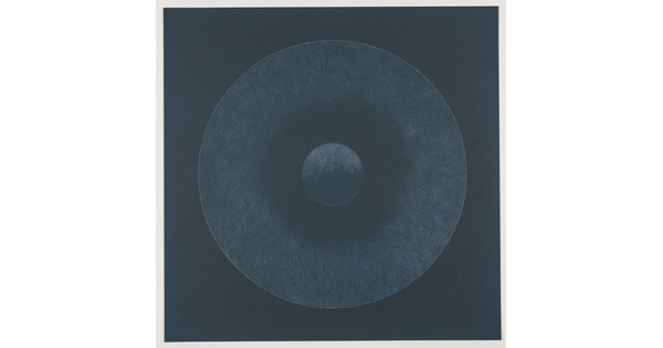 An abstract color print of two gray-blue circles, one within the other like a pupil within an iris of an eyeball, on a navy blue background.