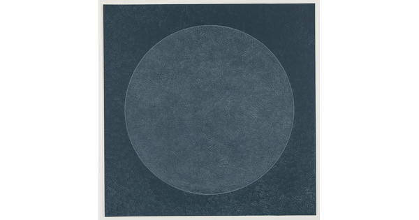 An abstract color print of a gray-blue circle on a darker gray-blue background.