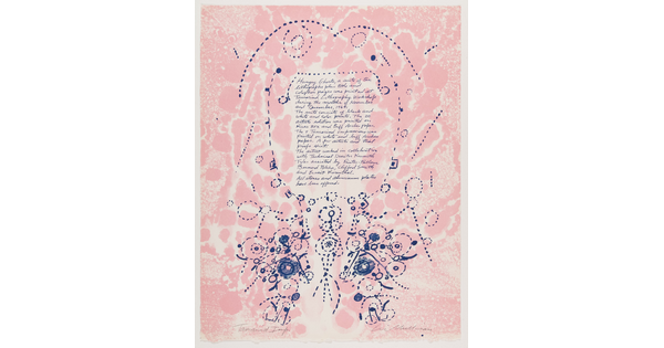 A color print of a delicate blue design on a pink background surrounding a handwritten text.