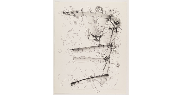 An abstract black-and-white print of overlapping outlines and shapes, with several shaded to form a backward E.