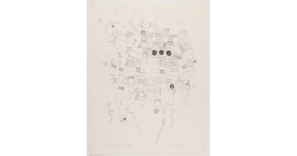 An abstract black-and-white print of varying lines, patterns, and shapes in a quilt-like arrangement, with three dark circles near the center.