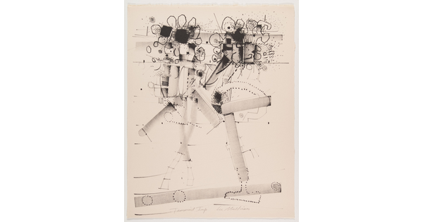 An abstract black-and-white print of circles, lines, and shapes in two side-by-side, vertical, robot-like compositions.