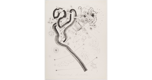 An abstract black-and-white print with a dark looping line across from the lower right to the upper left and thin lines and patterns in the background.