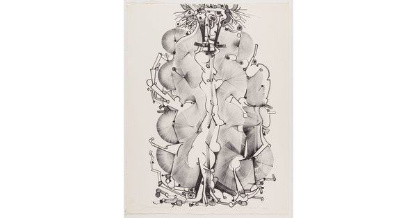 An abstract black-and-white print of fan-like forms and organic lines and shapes arranged in a vertical tower-like structure.